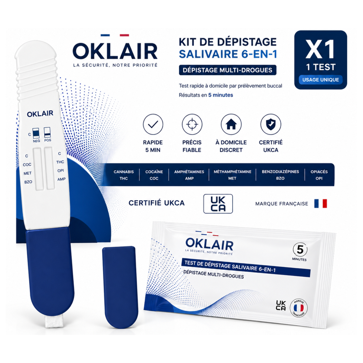Kit de dépistage salivaire 6-en-1 OKLAIR, boîte 1 test
